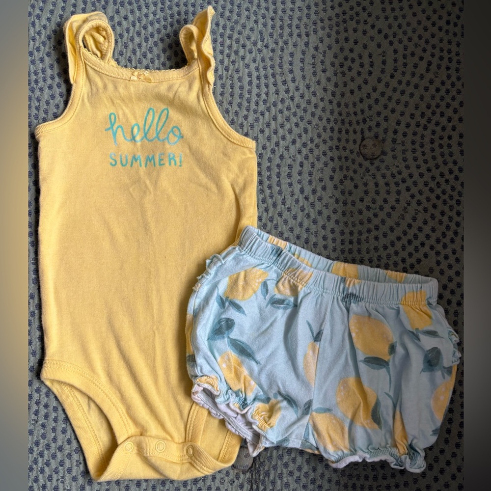 Yellow 'Hello Summer' Kids Bodysuit and Blue Lemon Shorts Set